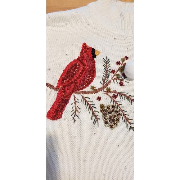 Quacker Factory Sweater Christmas White Zip Cardigan Sequin Cardinals sz 8 - Picture 8 of 15